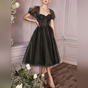 COPY - T length tulle lace applique beaded dress, black, gold,blush,blue